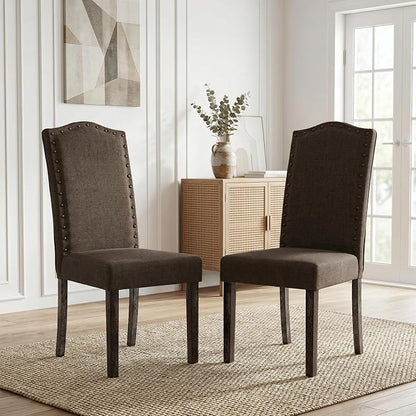 LSSBOUGHT Fabric Dining Chair Upholstered Parsons Kitchen Chair with Copper Nails and Solid Wood Legs for Dining Room,Restaurant (Taupe, 4PCS)