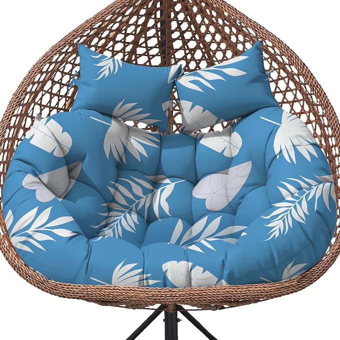 Double Egg Chair Cushion Replacement Waterproof for Outdoor Patio Hanging Basket Large Egg Chairs, 59x43-Inch Thickened 100% Cotton Double Eggs Swing Chair Cushions, Blue Leaf