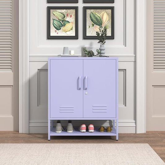 Three Tier Metal Shoe Cabinet for Home use Featuring Adjustable Shelves Multifunctional Two Door Storage Cabinet Suitable for entryways and hallways Purple Size: 13.8" D x 29.5" W x 33" H