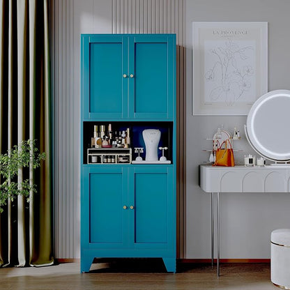 69" Tall Metal Pantry Cabinet with Microwave Stand,Microwave Storage Cabinet with 4 Doors & 3 Adjustable Shelves for Kitchen (4doors-Blue, 13.78" D x 27.54" W x 68.9" H)