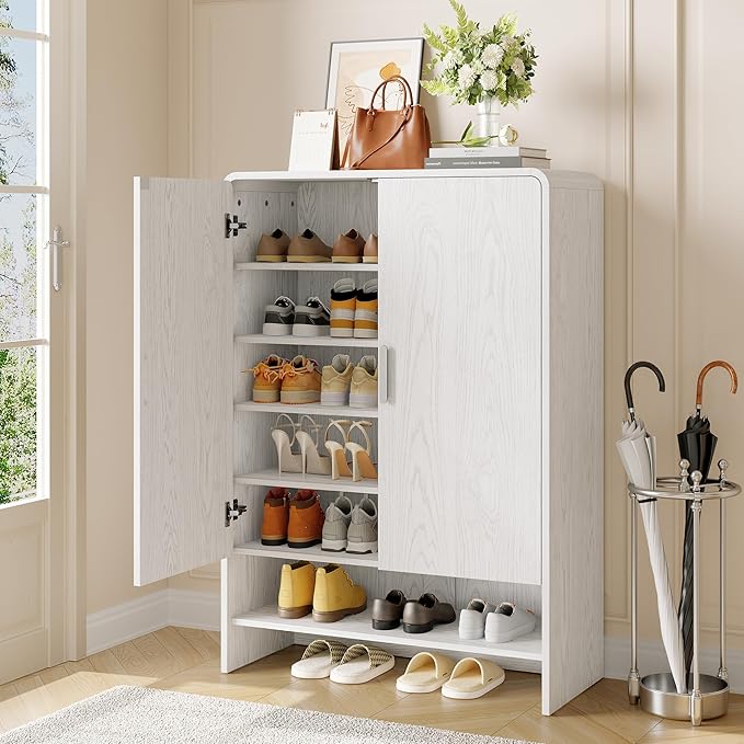 ONBRILL 6-Tier Shoe Storage Cabinet, 45'' Large Farmhouse Shoe Cabinet for Entryway, Modern Wooden Shoe Rack Organizer with Doors and Shelves, for Front Door Hallway (White)