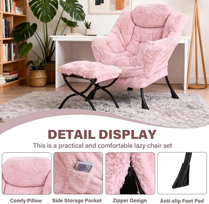 Lazy Chair with Ottoman, Modern Accent Chair Lounge Leisure Sofa Chair with Armrests, Reading Chair and Folding Footstool for Living Room, Bedroom, Office, Plush Pink