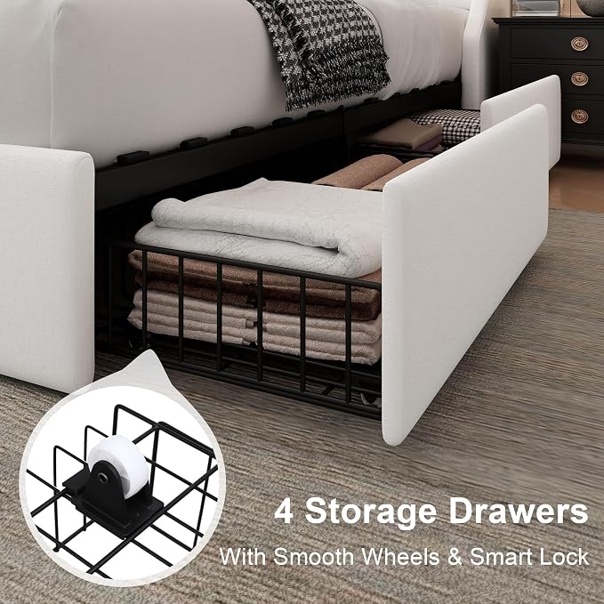 Feonase Upholstered Queen Size Bed Frame with 4 Storage Drawers, Charging Station, Tufted Wingback Storage Headboard, No Box Spring Needed, Easy Assembly, White