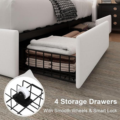 Feonase Upholstered Queen Size Bed Frame with 4 Storage Drawers, Charging Station, Tufted Wingback Storage Headboard, No Box Spring Needed, Easy Assembly, White