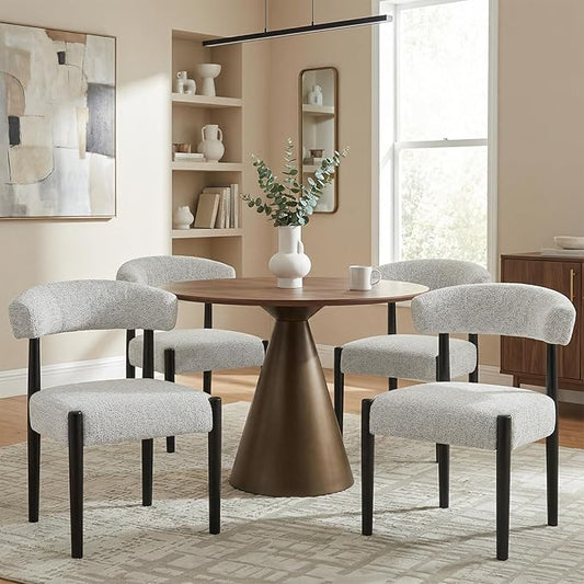 VKNOW Wooden Dining Chairs Set of 4 with Black Legs, Heathered Off-White | Soft Chenille Fabric, Curved Open Back, Thickened Cushion, For Adults and Family, Dining Room, Kitchen, No Wobble