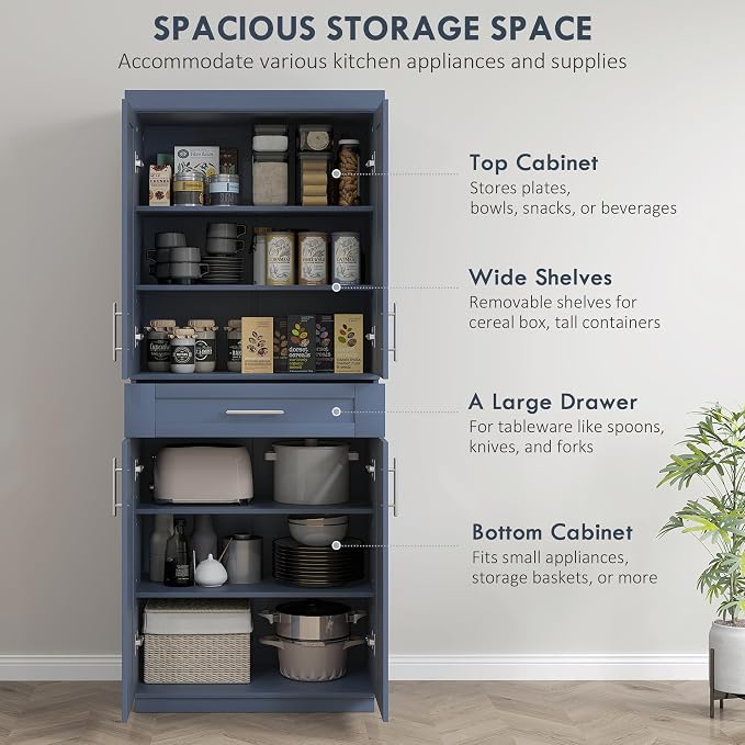 HOMCOM 72" Kitchen Pantry Cabinet, Freestanding Tall Storage Cabinet with 4 Doors, Drawer and 3 Adjustable Shelves for Dining Room, Navy Blue