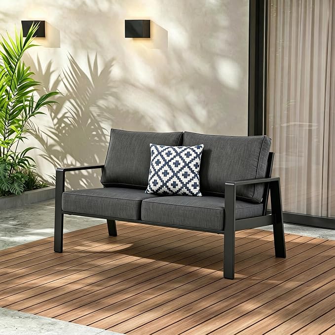 Aluminum Outdoor Loveseat, Oversized Patio Couch, Modern Sofa All Weather Metal Furniture Set with 5" Cushions (Black/Dark Gre)