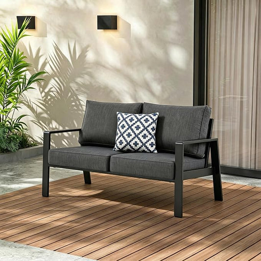 Aluminum Outdoor Loveseat, Oversized Patio Couch, Modern Sofa All Weather Metal Furniture Set with 5" Cushions (Black/Dark Gre)