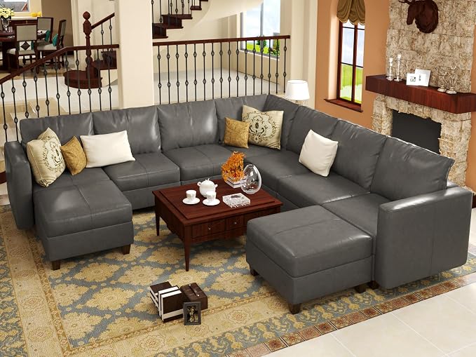 EASE MOOSE Faux Leather Sectional Sofa Modular Couch with Reversible Chaises, U Shaped Sectional Couch with Storage Convertible Sleeper Sofa