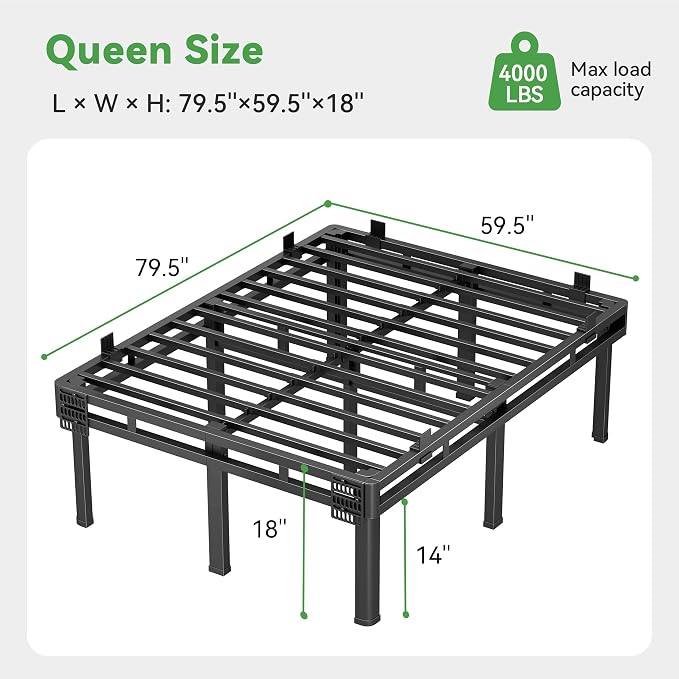 Superay Queen Bed Frame, 18 inch Metal Bed Frame & Box Spring 2 in 1 Design, Double Layer Bed Frame with Rounded Legs, Heavy Duty Platform Support 4000lbs, with Matress Gasket & headboard Adapter