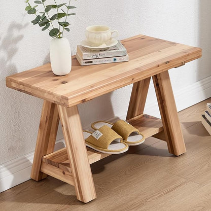 Farmhouse Solid Wood Entryway Bench, 30 Inch Small Narrow Storage Bench with Shelf, Rustic Wooden Shoe Bench for Entryway, Mudroom, or Hallway Seating, Natural