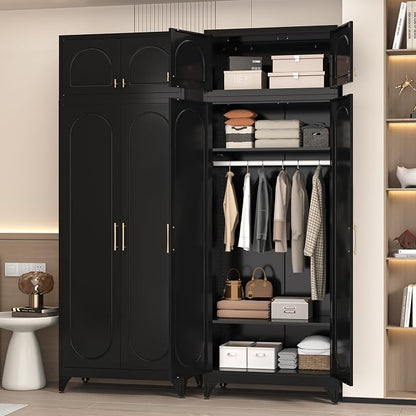 86" Metal Wardrobe Cabinets,Black Armoire Wardrobe Closet with Hanging Rod,Clothes Storage Cabinet with Adjustable Shelves and Doors,Clothing Cabinet for Bedroom, Office, Laundry Room