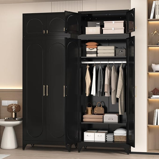 86" Metal Wardrobe Cabinets,Black Armoire Wardrobe Closet with Hanging Rod,Clothes Storage Cabinet with Adjustable Shelves and Doors,Clothing Cabinet for Bedroom, Office, Laundry Room