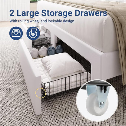 Allewie Queen Bed Frame with 2-Tier Storage Headboard, Charging Station & LED Light, Velvet Upholstered Platform Bed with 2 Drawers, Wingback Headboard, Gold Button Tufted, No Box Spring Needed, White