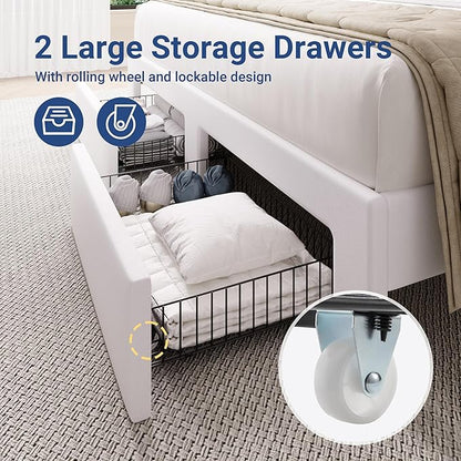 Allewie Full Bed Frame with 2-Tier Storage Headboard, Charging Station & LED Lights, Velvet Upholstered Platform Bed with 2 Drawers, Wingback Headboard, Gold Button Tufted, No Box Spring Needed, White