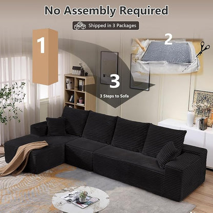 135” Cloud Sectional Couch, Boneless Sofa for Living Room, Modular Sectional Sofa with Deep Seat, Fluffy Couch with L-Shaped Chaise, No Assembly Required Black