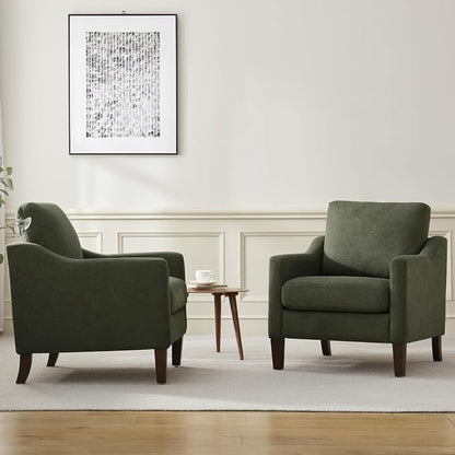 VKNOW Mid Century Modern Accent Chair, Upholstered Living Room Chairs Armchair for Bedroom, Comfy Reading Accent Chairs with Wood Legs for Living Room (2, Green)