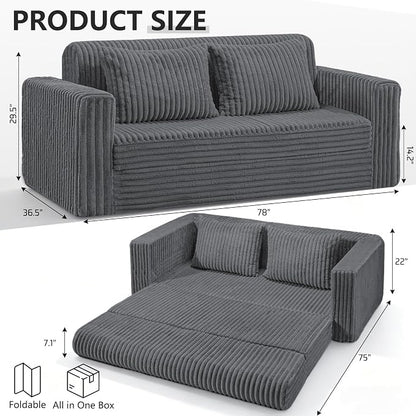 HABUTWAY 78" Loveseat Boneless Couch, 4-in-1 Convertible Sofa Bed, Plush Fur Folding Futon Sofa Bed Couches with 2 Pillows for Living Room, High-Density Foam Support, No Assembly Required, Grey