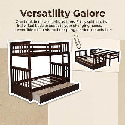 Merax Full-Over-Full Bunk Bed with Two Storage Drawers, Solid Wood Full Size Bunk Bed with Guardrail and Removable Ladder, Can be Converted Into 2 Separate Beds, Espresso
