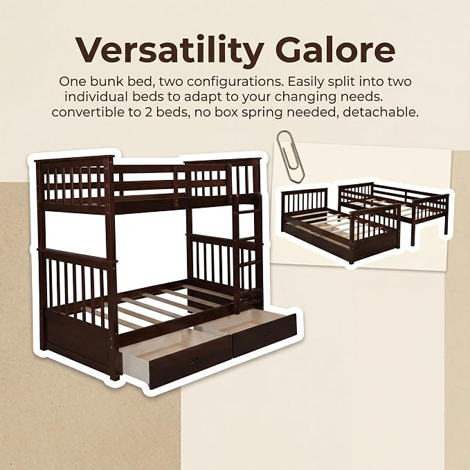 Merax Twin-Over-Twin Bunk Bed with Two Storage Drawers, Solid Wood Twin Size Bunk Bed with Guardrial and Removble Ladder, Can be Converted Into 2 Separate Beds, Espresso