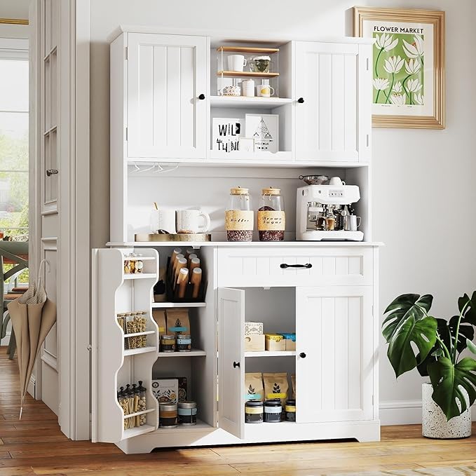 Gizoon Tall Kitchen Storage Cabinet with Door and Shelves, 67" Kitchen Pantry Cabinet Large Coffee Bar Hutch with Storage for Dining Room, Painted White