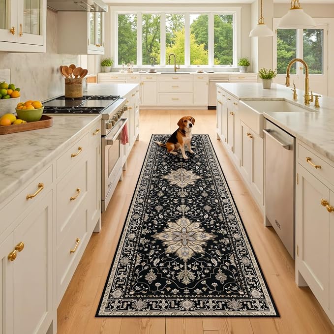 RELEANY Area Rugs Runner 2'6"x8' Washable Non-Slip, Floral Vintage Distress Medallion Carpet for Kitchen Hallway Bedroom Beside Laundry Room Bathroom, Black Brown Neutral Dark Tan