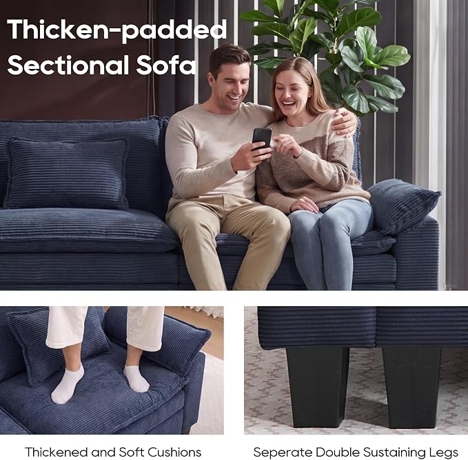 URRED Oversized Modular Sectional Sofa, 157" U Shaped Modern Comfy Cloud Couch with Movable Ottoman & Pillows, Deep Seat Couches for Living Room, Bedroom or Apartment (Corduroy Blue, 157" U Shaped)