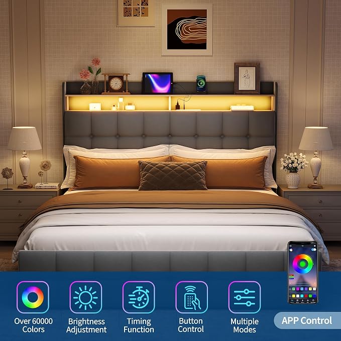 IDEALHOUSE Queen Size Upholstered Bed Frame Fabric with Storage Drawers and LED Lights, Headboard and Frame for Cozy Bedroom Sets Upgrades