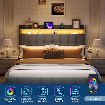IDEALHOUSE Queen Size Upholstered Bed Frame Fabric with Storage Drawers and LED Lights, Headboard and Frame for Cozy Bedroom Sets Upgrades