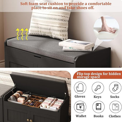 HOMEFORT 30" Shoe Bench with Lift Top Storage, Entryway Bench with Cushioned Seat, Wooden End of Bed Bench, Shoe Cabinet Bench with Hidden Storage Space, for Bedroom, Hallway,Black