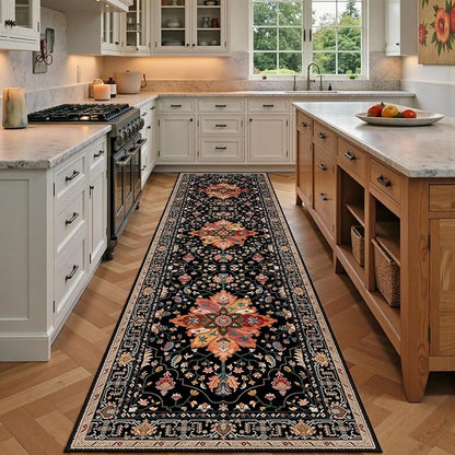 RELEANY Area Rugs Runner 2'x7' Washable Non-Slip, Floral Vintage Distress Medallion Carpet for Kitchen Hallway Bedroom Beside Laundry Room Bathroom, Black Colorful Floral Dark Tan