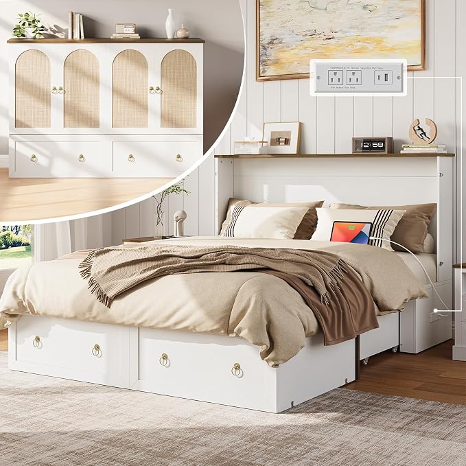 Yoobure Queen Murphy Bed with Charging Station - Rattan Queen Bed Frame with Storage Drawers, Wood Cabinet Beds for Guest Bedroom, Living Room, Office, Farmhouse Hideaway Beds with Foldable Platform