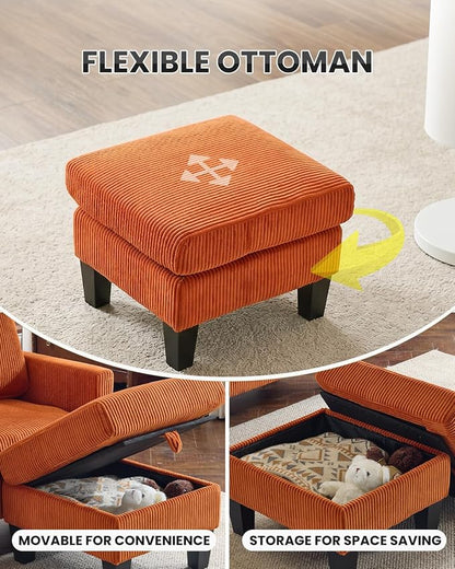 Karl home 67" Small Sectional Couch L Shaped Sofa, Orange | Movable Storage Ottoman, Corduroy Upholstered, Sofa Chaise, Side Pockets 5.9" Sofa Legs for Living Room, Apartment, Studio