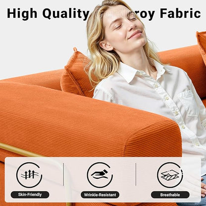 ivoros 108" Oversized Convertible Sleeper Sofa Bed, Corduroy L Shape Sectional Couch, Folding Sofa Bed with Fixed-Shape Frame, Modern Cloud Floor Mattress Couch, Modular Sofa for Living Room, Orange