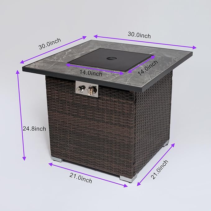GDFStudio 30" Propane Gas Fire Pit Table, 50,000 BTU Square Outdoor Gas Firepit with Ceramic Tile Top, Wicker Base, Lid & Rain Cover for Patio Deck Backyard Garden, Brown