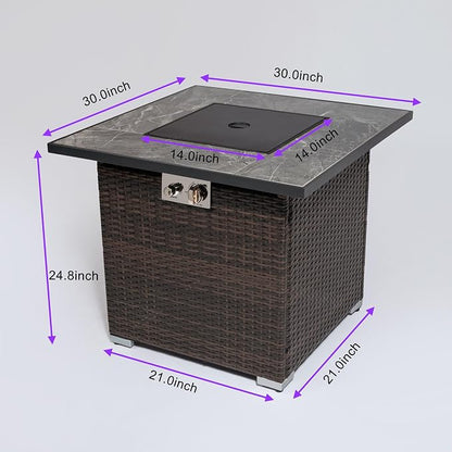 GDFStudio 30" Propane Gas Fire Pit Table, 50,000 BTU Square Outdoor Gas Firepit with Ceramic Tile Top, Wicker Base, Lid & Rain Cover for Patio Deck Backyard Garden, Brown