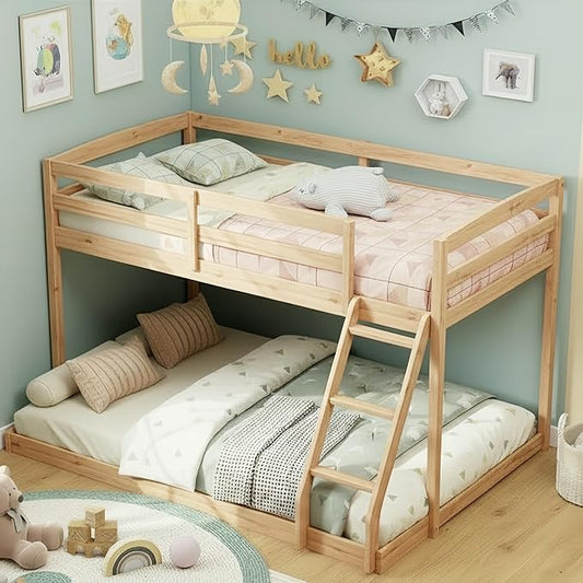 KOMFOTT Low Bunk Bed Twin Over Full, Solid Wood Twin Bed Frame with Built-in Ladder & Safety Guardrails, Space-Saving Low Bunk Bed for Kids, Teens, No Box Spring Needed (Low Twin Over Full,Natural)