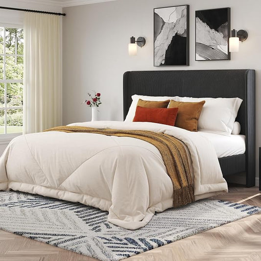 AMERLIFE Full Bed Frame, Upholstered Platform Bed with Corduroy Headboard, Easy Assembly Modern Black Bed Frame with Wooden Slats Support, No Box Spring Needed