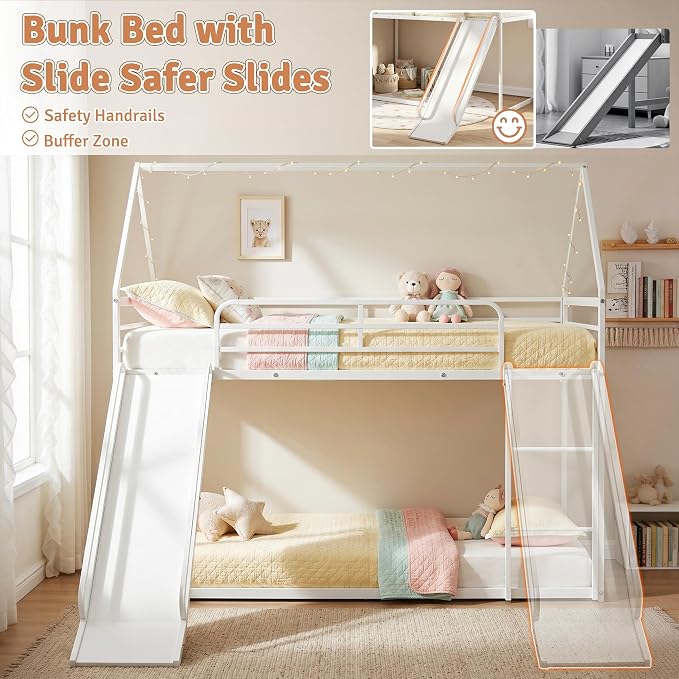 Bunk Bed with Slide, Twin Over Twin Bunk Bed with Ladder and Guardrail, Space Saving & Heavy Duty House Loft Bed for Kids, No Box Spring Needed(White)