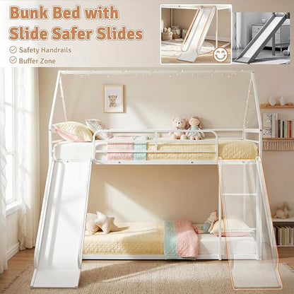 Bunk Bed with Slide, Twin Over Twin Bunk Bed with Ladder and Guardrail, Space Saving & Heavy Duty House Loft Bed for Kids, No Box Spring Needed(White)