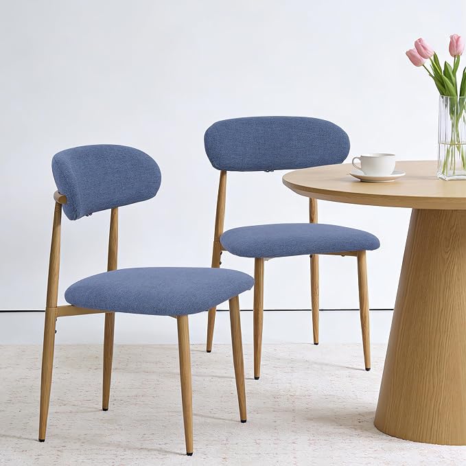 FREKEN Modern Upholstered Dining Chairs Set of 2, Mid-Century Metal Frame with Wood Grain, Linen Fabric Side Chair for Kitchen Dining Room, 350lbs Capacity, Blue