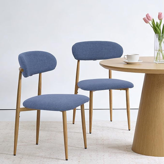 FREKEN Modern Upholstered Dining Chairs Set of 2, Mid-Century Metal Frame with Wood Grain, Linen Fabric Side Chair for Kitchen Dining Room, 350lbs Capacity, Blue