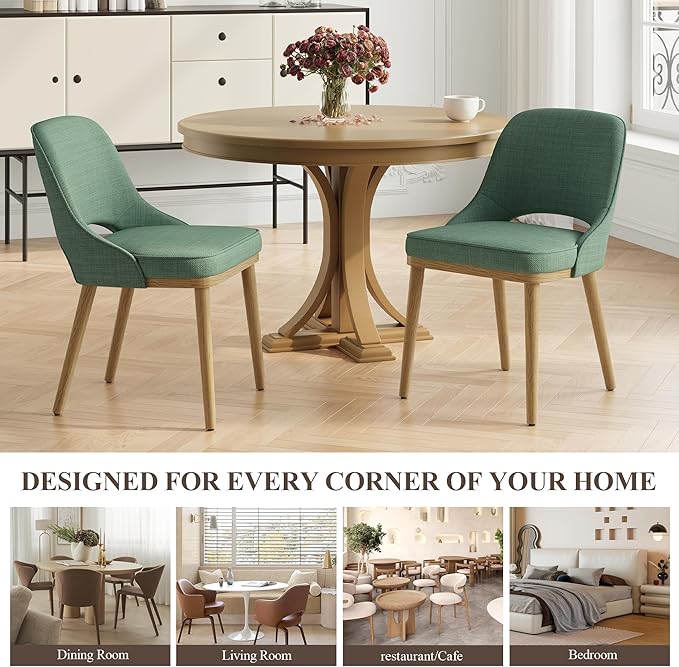 Modern Upholstered Dining Chairs Set of 6, Open Back with Solid Wood Legs, Ergonomic Curved Back Fabric Kitchen Chairs for Dining Room & Kitchen, Living Room Side Chairs, Farmhouse, Green