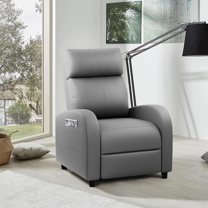 JUMMICO Recliner Chair Adjustable Home Theater Single Recliner Sofa Furniture with Thick Seat Cushion and Backrest Modern Living Room Recliners (Leather, Grey)