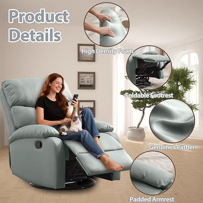 Genuine Leather Rocker Recliner Modern Manual Swivel Glider Recliner with Adjustable Backrest & Footrest Wall Hugger Swivel Rocking Recliner Chair for Modern Living Room and RV Green