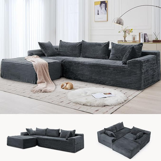 Korser 108" L-Shaped Modular Sectional Sofa with Chaise, Boneless Comfy Corduroy Fluffy Couch with Deep Seat and Side Pockets, Flexible Module Combination for Living Room, No Assembly, Side Pockets