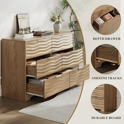 Coastline Fluted 6 Drawers Dresser for Bedroom, 55" Wide Modern Chest of TV Stand Organizers with Metal Handle, Storage Wooden Dresser Drawer for Living Room, Hallway, Closet,Walnut Wood