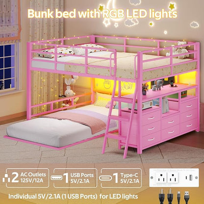 busyaeh Bunk Bed Full Over Twin,8 Drawer & 4 Shelve,15" H Safety Guardrail | Bunk Bed with Desk, Low bunk bed with LED Lights & Charging Station,L-Shaped Bunk Beds with Stairs,Girls bunk bed,Pink