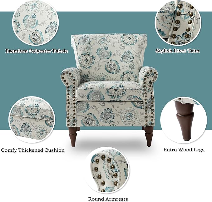 HULALA HOME Modern Wingback Accent Chair with Wood Legs & Removable Cushion, Comfy Upholstered Armchair with Nailhead Trim, Floral Pattern Single Sofa Chair for Living Room Bedroom, Medallion