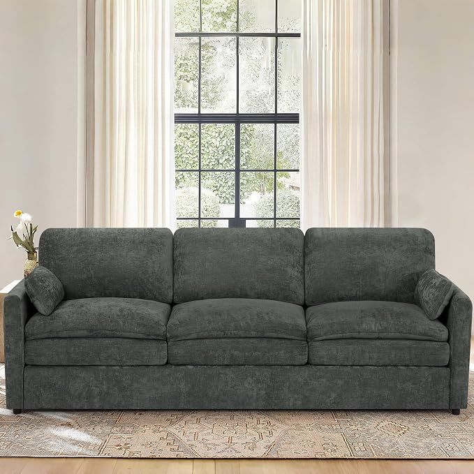 89” Chenille Sofa w/Arm Pillows, Upholstered 3-Seater Sofa w/Comfortable Back Cushions, Modern 3 Seats Couch w/High-Density Foam for Living Room, Apartment, Office, Grey